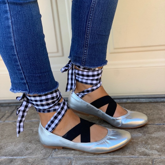 Silver Chunky Laces Ankle Tie Wrap Ballet Flats - Picture 3 of 7